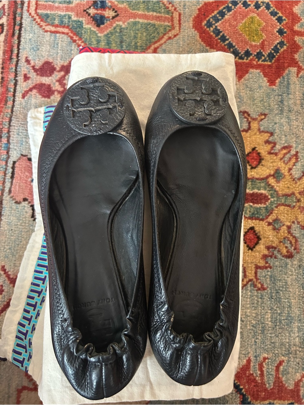 Tory Burch Black Leather Logo Ballet Flats